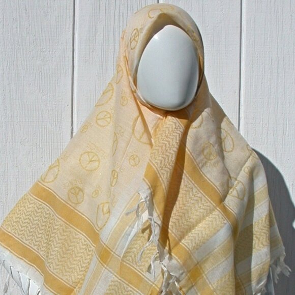 Yellow & White Shemagh Palestine Peace Sign Keffiyah Scarf Cotton - Picture 3 of 4